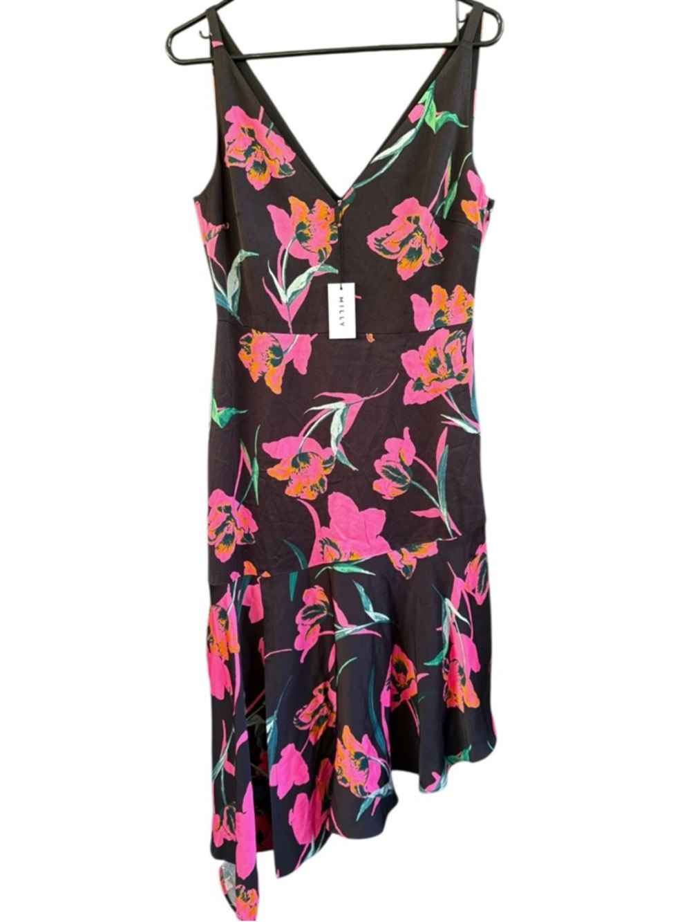 Milly Dashielle Slanted Hem Dress Black Floral Floral Size 6 Retail $395.00 NWT